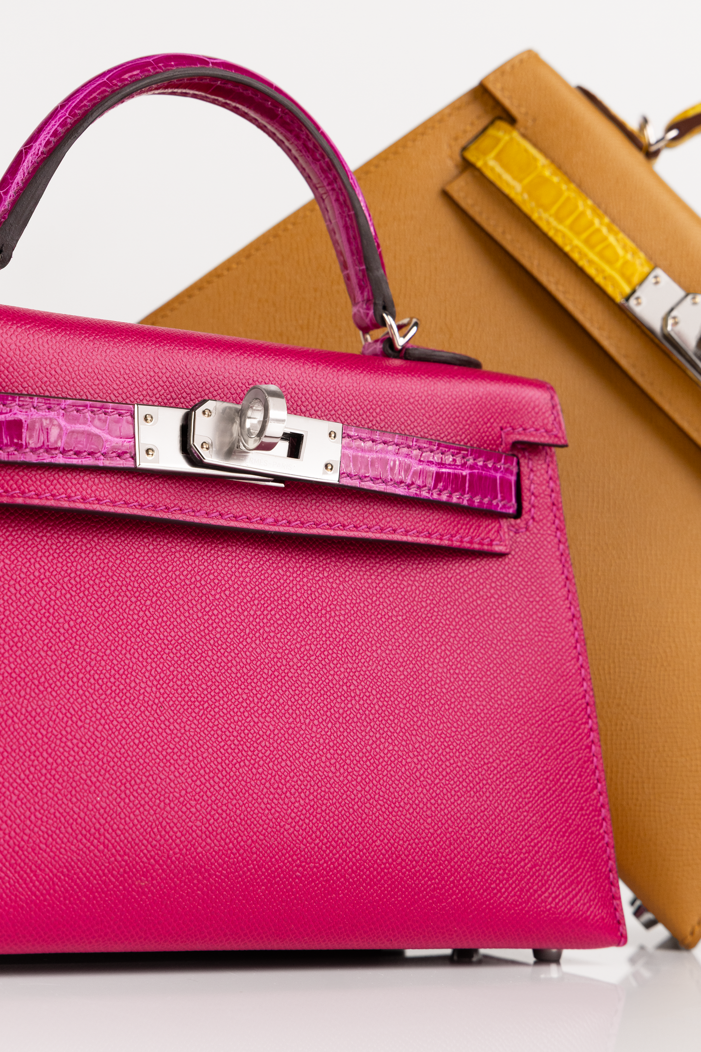 Hermès Mini Kelly 20 Touch Shiny Alligator Epsom in Sesame/Jaune Ambre PHW & Rose Pourpre PHW