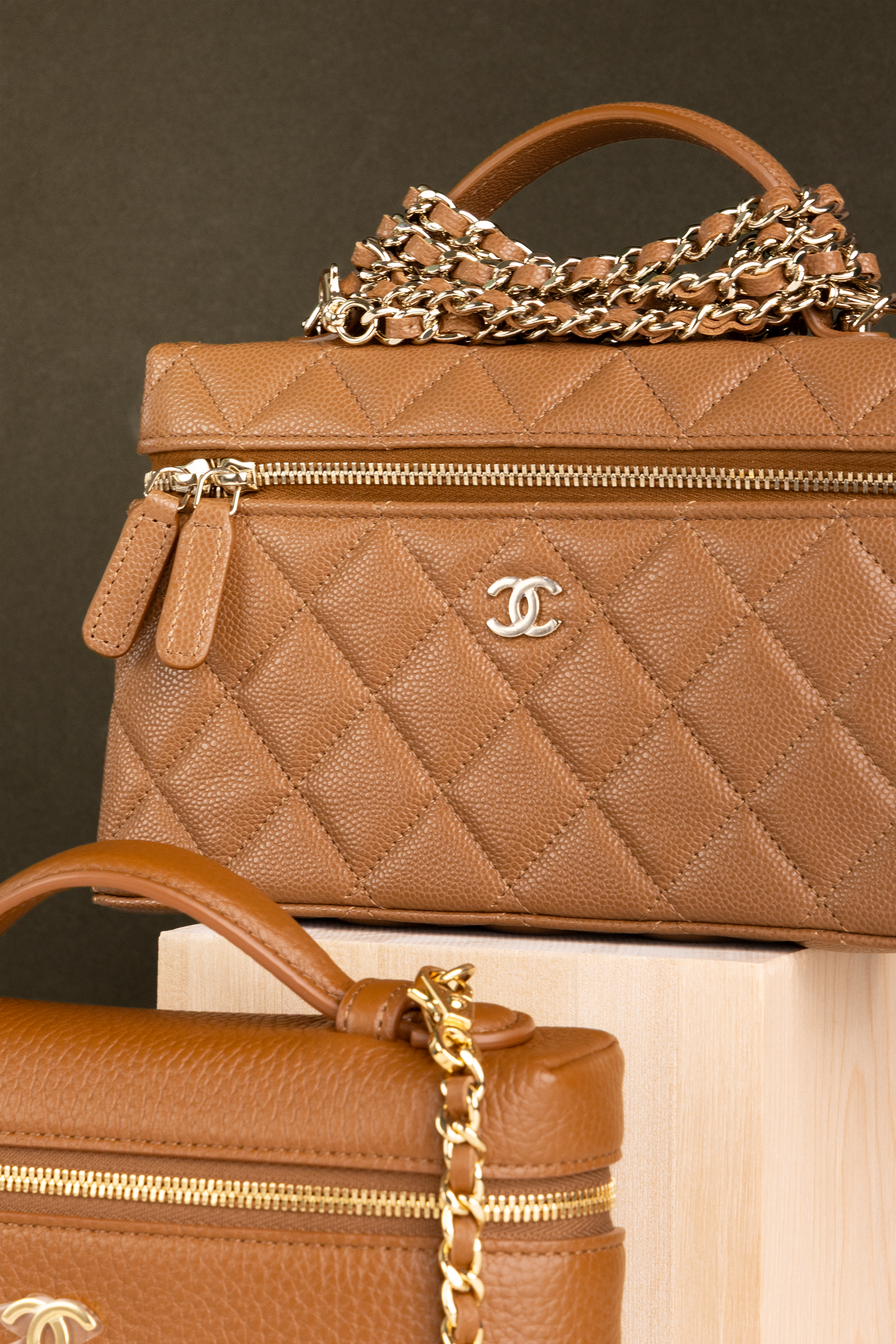 Chanel Vanity Case with Chain in Camel & Grained Calfskin Brown