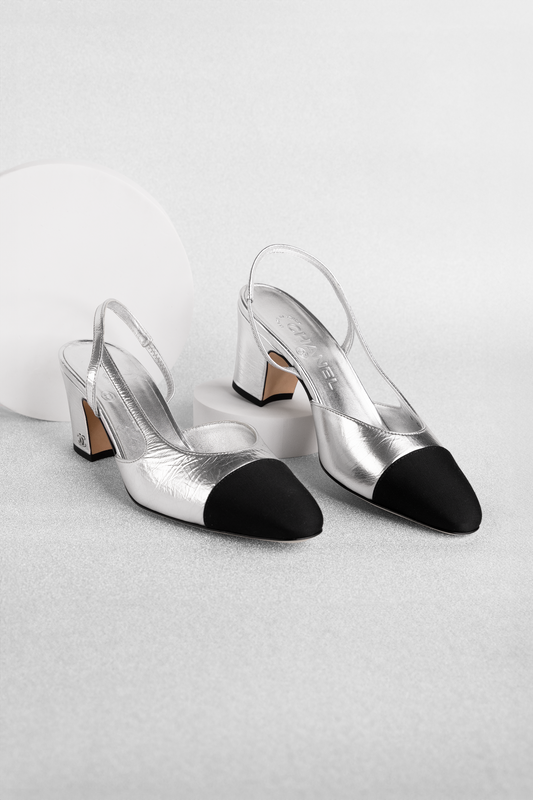 Chanel Silver Metallic Slingbacks