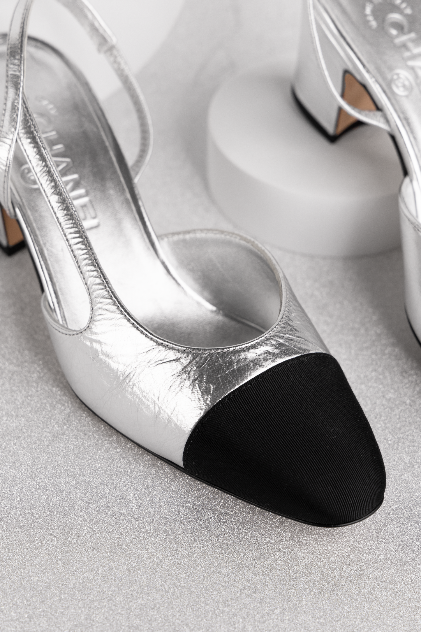 Chanel Silver Metallic Slingbacks