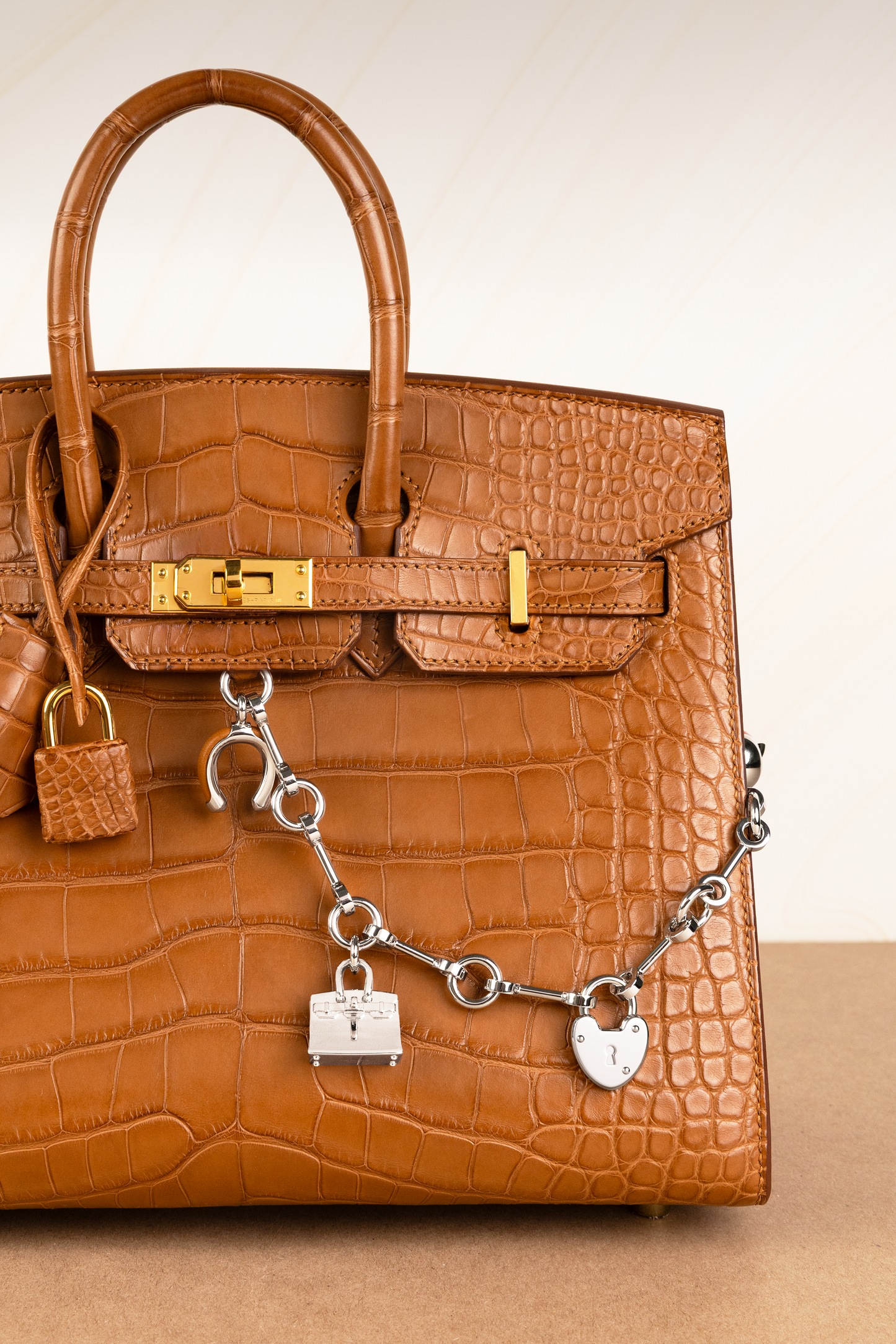 Hermès Birkin 25 Matte Alligator Sellier Gold GHW with Bijou de Birkin N°1 Charm