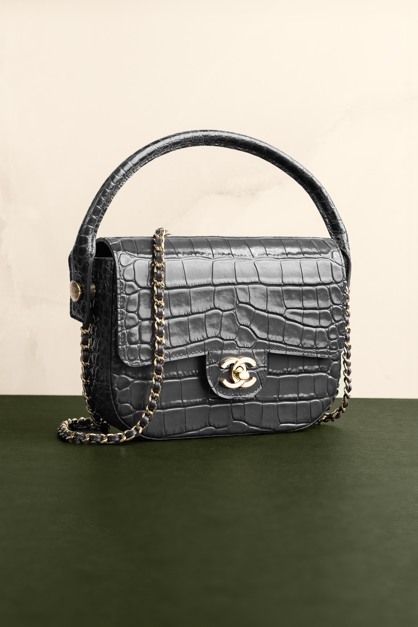 Chanel Mini Flap Bag with Top Handle & Chain in Crocodile Embossed Grey