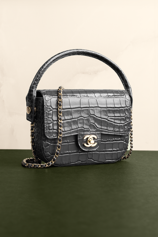 Chanel Mini Flap Bag with Top Handle & Chain in Crocodile Embossed Grey