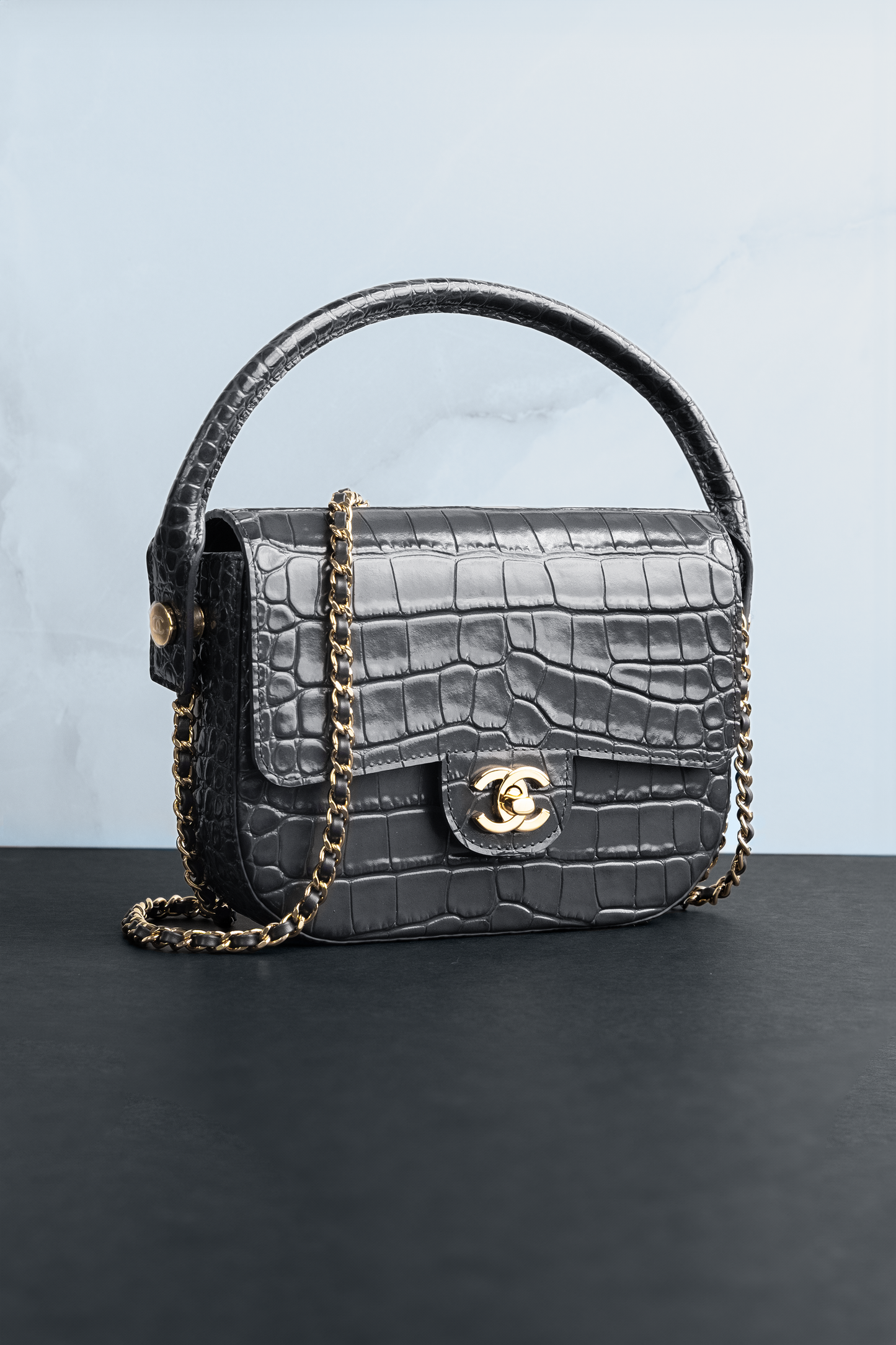 Chanel Mini Flap Bag with Top Handle & Chain in Crocodile Embossed Grey