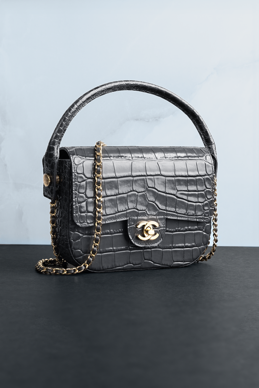 Chanel Mini Flap Bag with Top Handle & Chain in Crocodile Embossed Grey