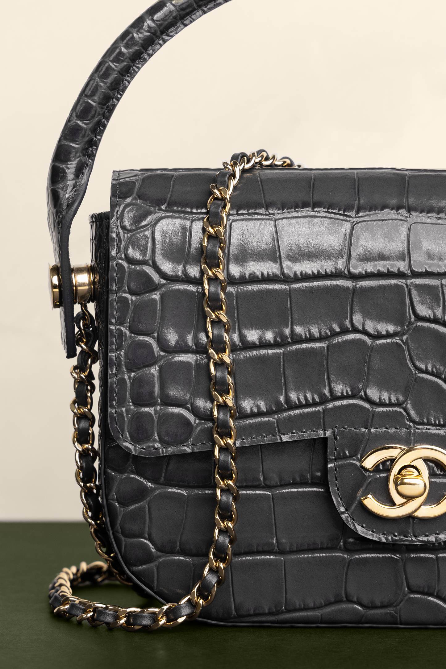 Chanel Mini Flap Bag with Top Handle & Chain in Crocodile Embossed Grey