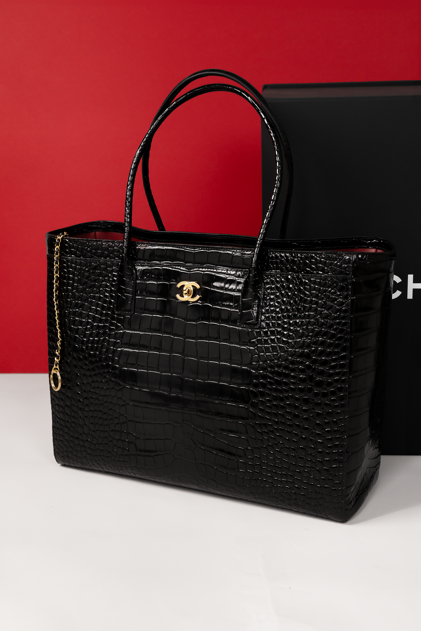 Chanel XLarge Crocodile Embossed Calfskin Shopping Bag in Black