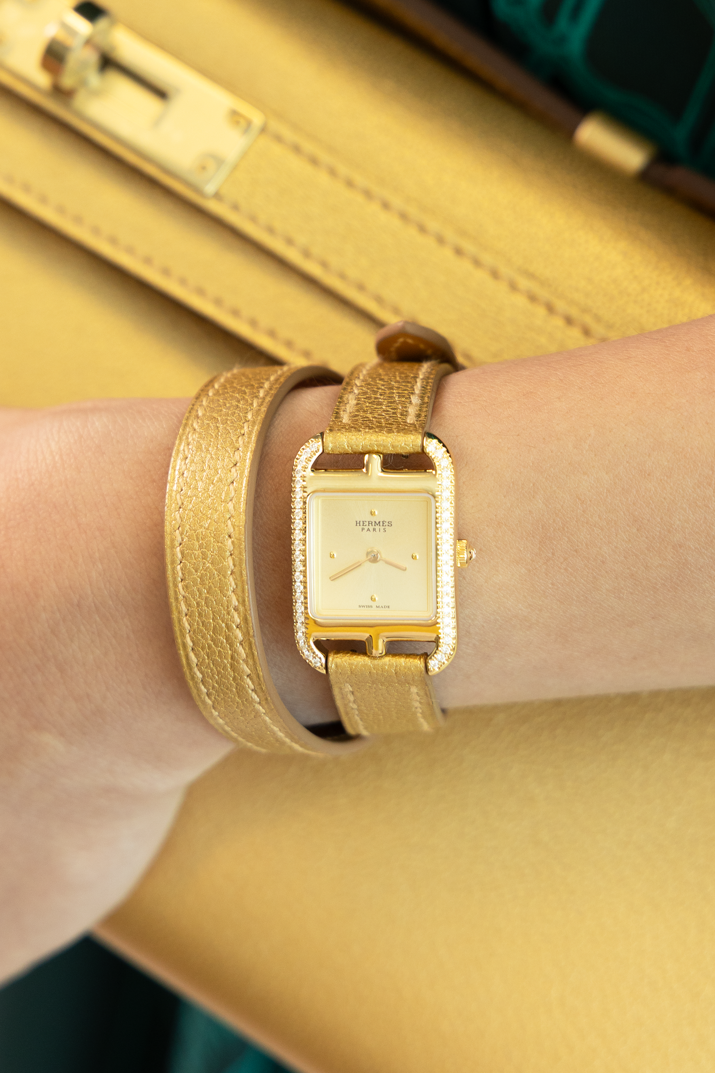Hermès Mini Gold Cape Cod Watch with Diamonds & Kelly Clochette Rose Gold Diamond Necklace