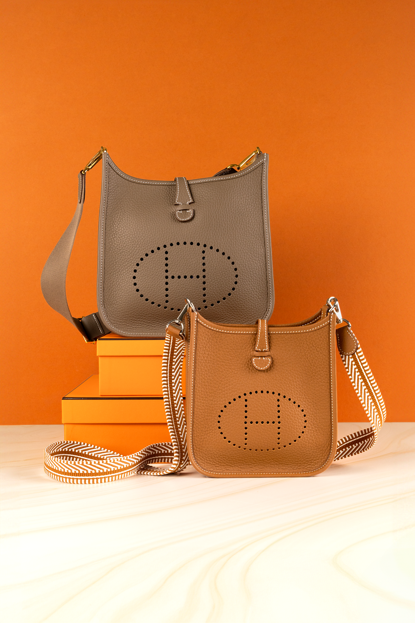 Hermès Evelyne 23 & Mini Evelyne in Clemence Etoupe GHW and Gold PHW