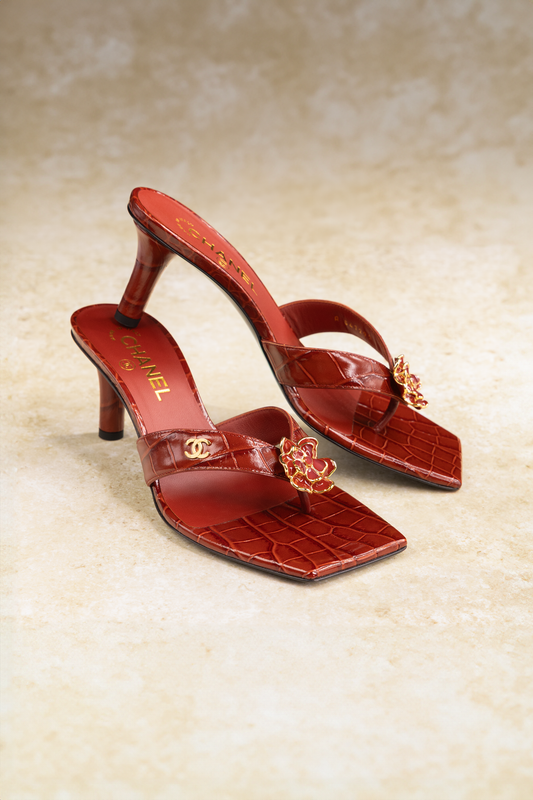 Chanel Crocodile Embossed Calfskin Thong Sandals in Rouge