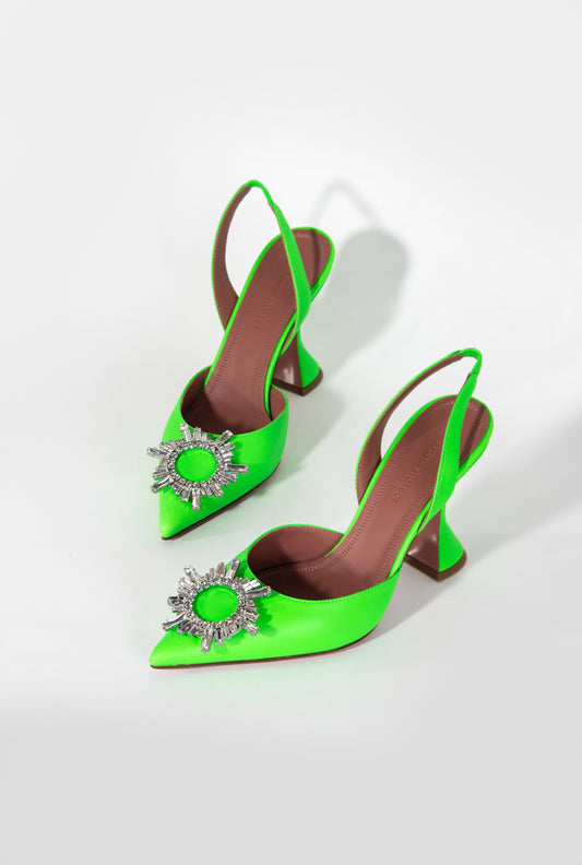 Amina Muaddi Begum Green Satin Pumps