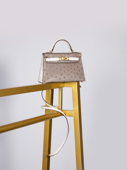 Hermès - HSS Mini Kelly Ostrich in Beton & Gris Asphalt GHW