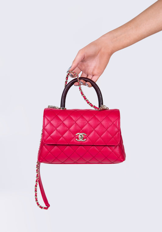 Chanel Coco Handle Caviar Raspberry with Embossed Lizard Handle