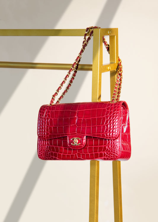 Chanel - Red Jumbo Crocodile Flap Bag