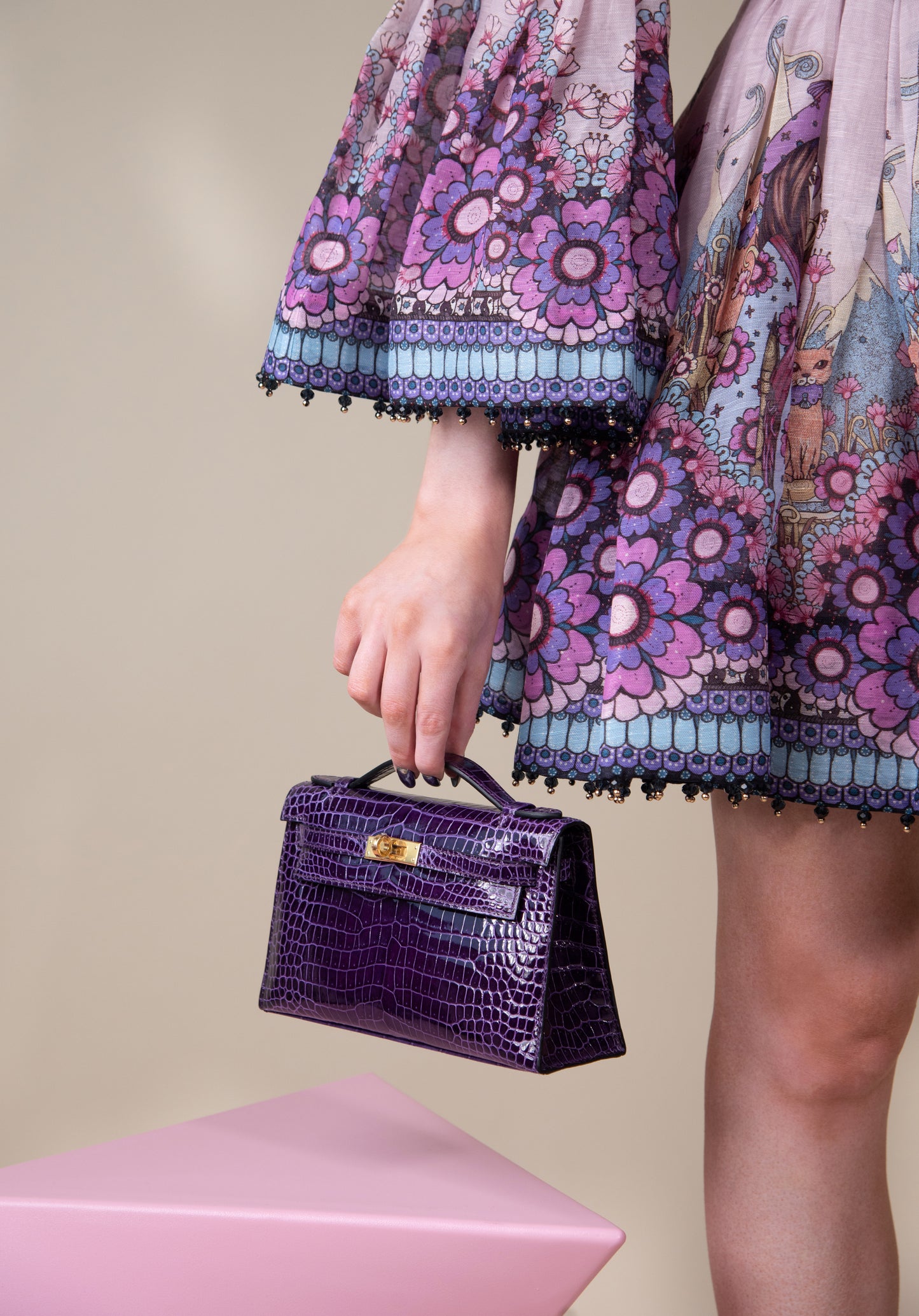 Zimmermann Celestial Bell Sleeve Mini Dress with Hermès Mini Kelly Alligator Pochette in Cassis