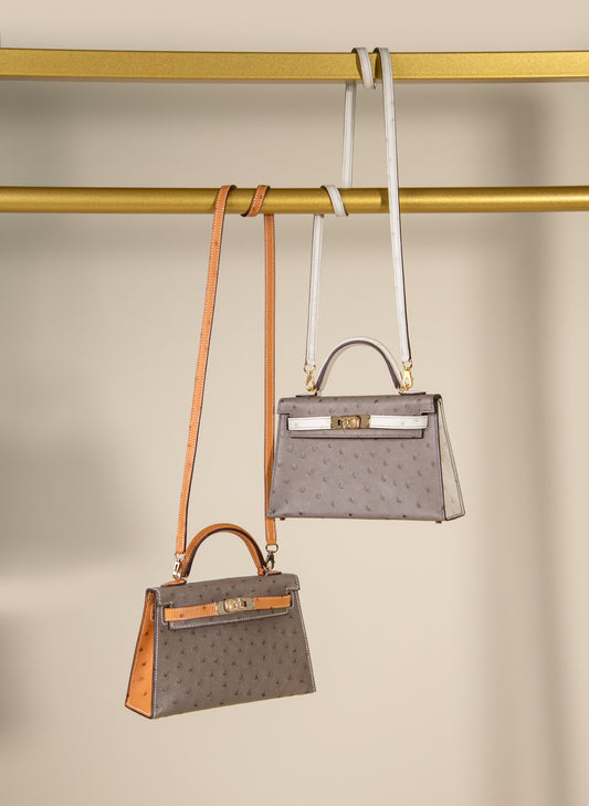 Hermès - HSS Mini Kelly Ostrich in Gold/Etoupe and Beton /Gris Asphalt