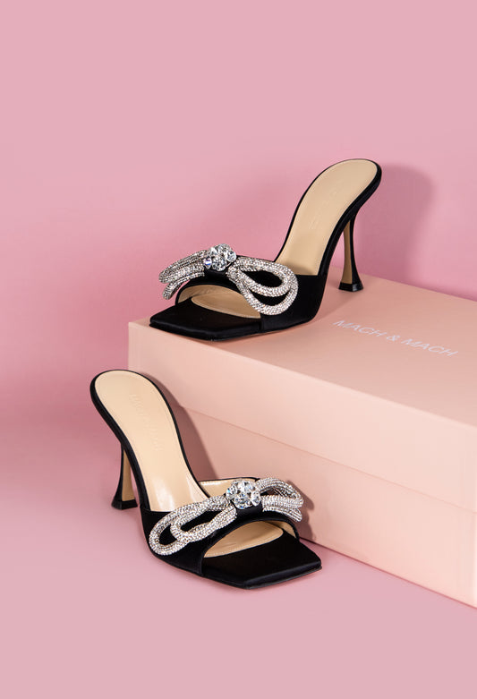 Mach & Mach Double Bow Square Satin Black Sandals