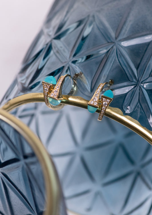 Marli Cleo Diamond Yellow Gold Earrings in Blue Chalcedony