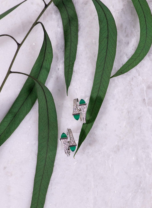 Marli Cleo Diamond White Gold Earrings in Green Agate