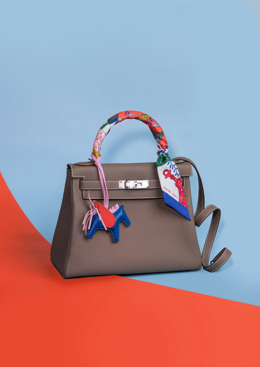 Hermès - Kelly 28 Togo Etoupe PHW with Charm & Twilly