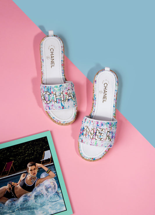 Chanel Tweed Multicolor White Sandals