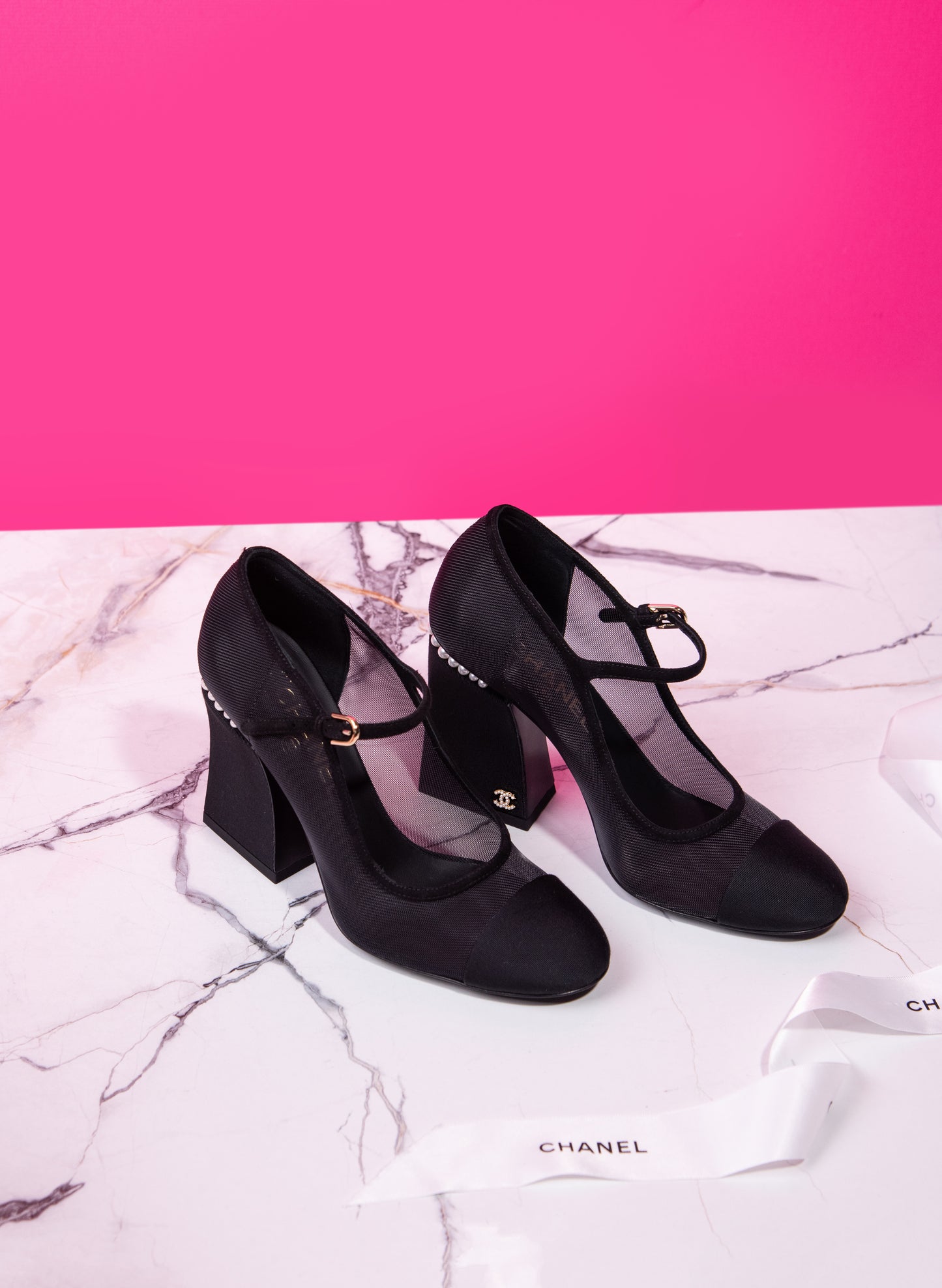 Chanel Black Open Shoes with Imitation Pearls