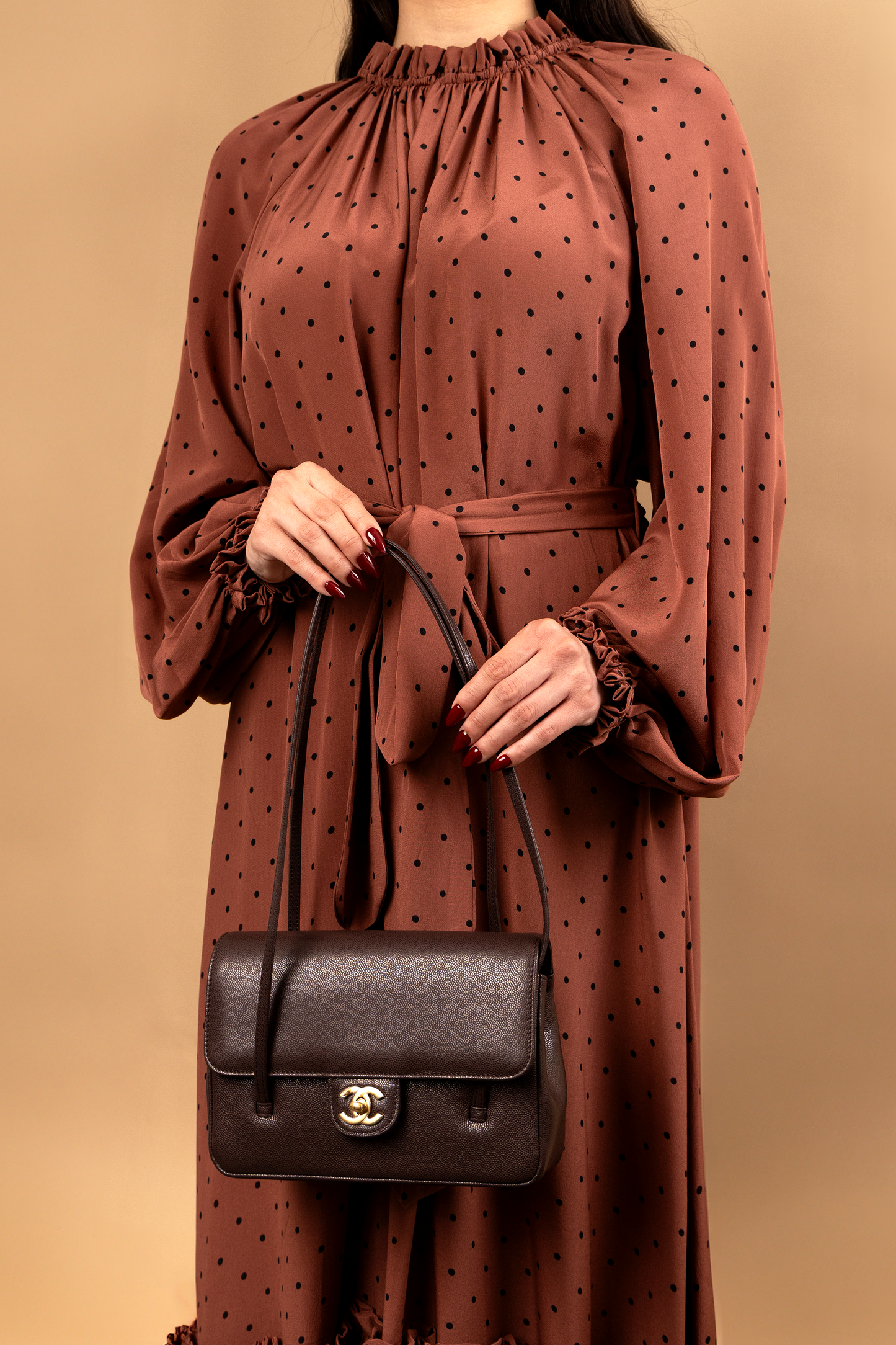 Chanel Small Caviar Dark Brown Flap Bag with Long Leather Straps