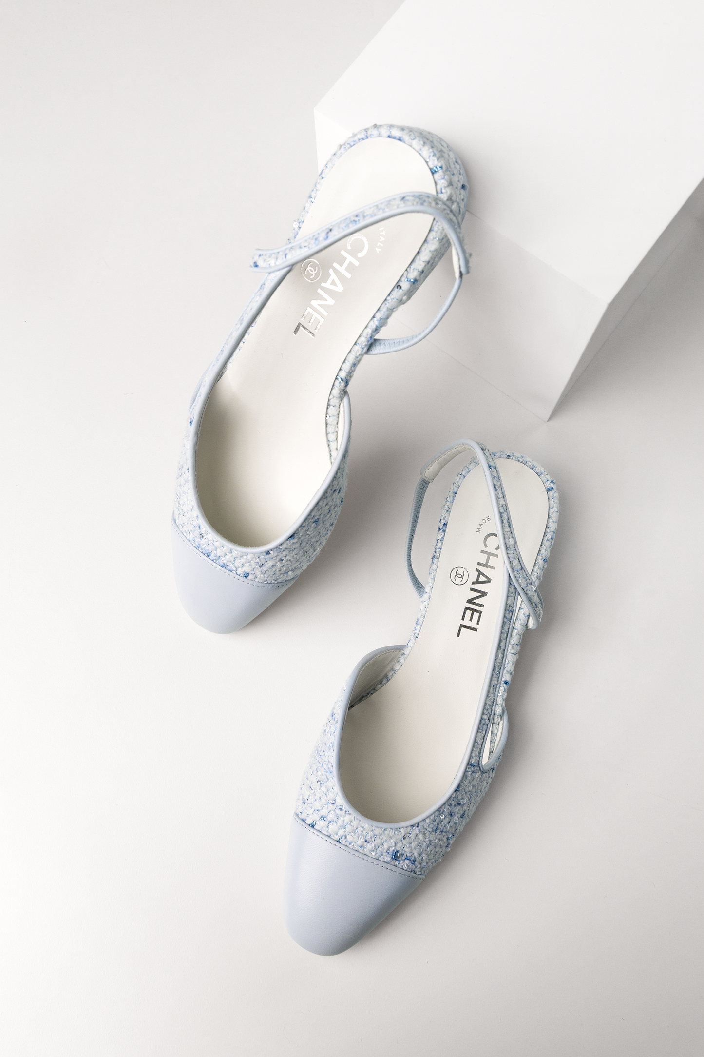 Chanel Light Blue Tweed Flat Slingbacks