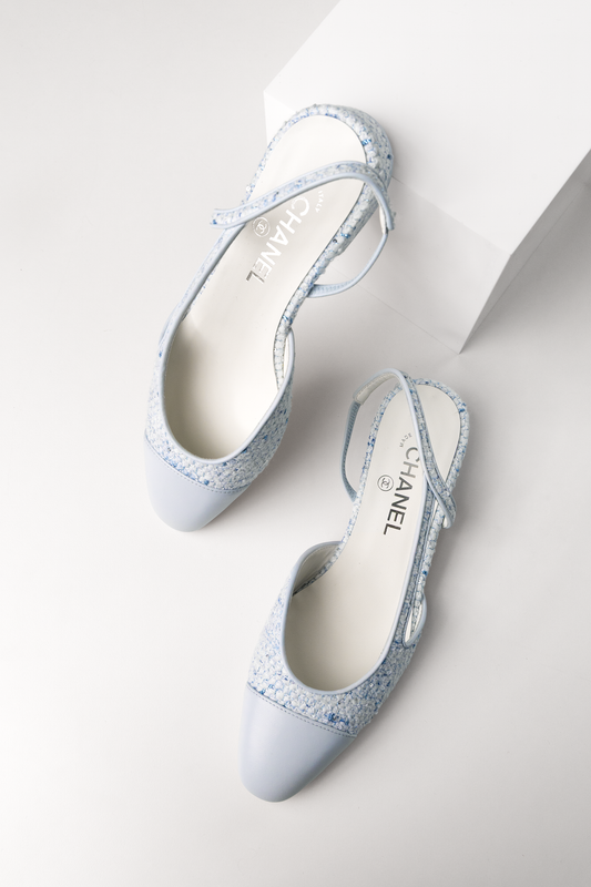Chanel Light Blue Tweed Flat Slingbacks