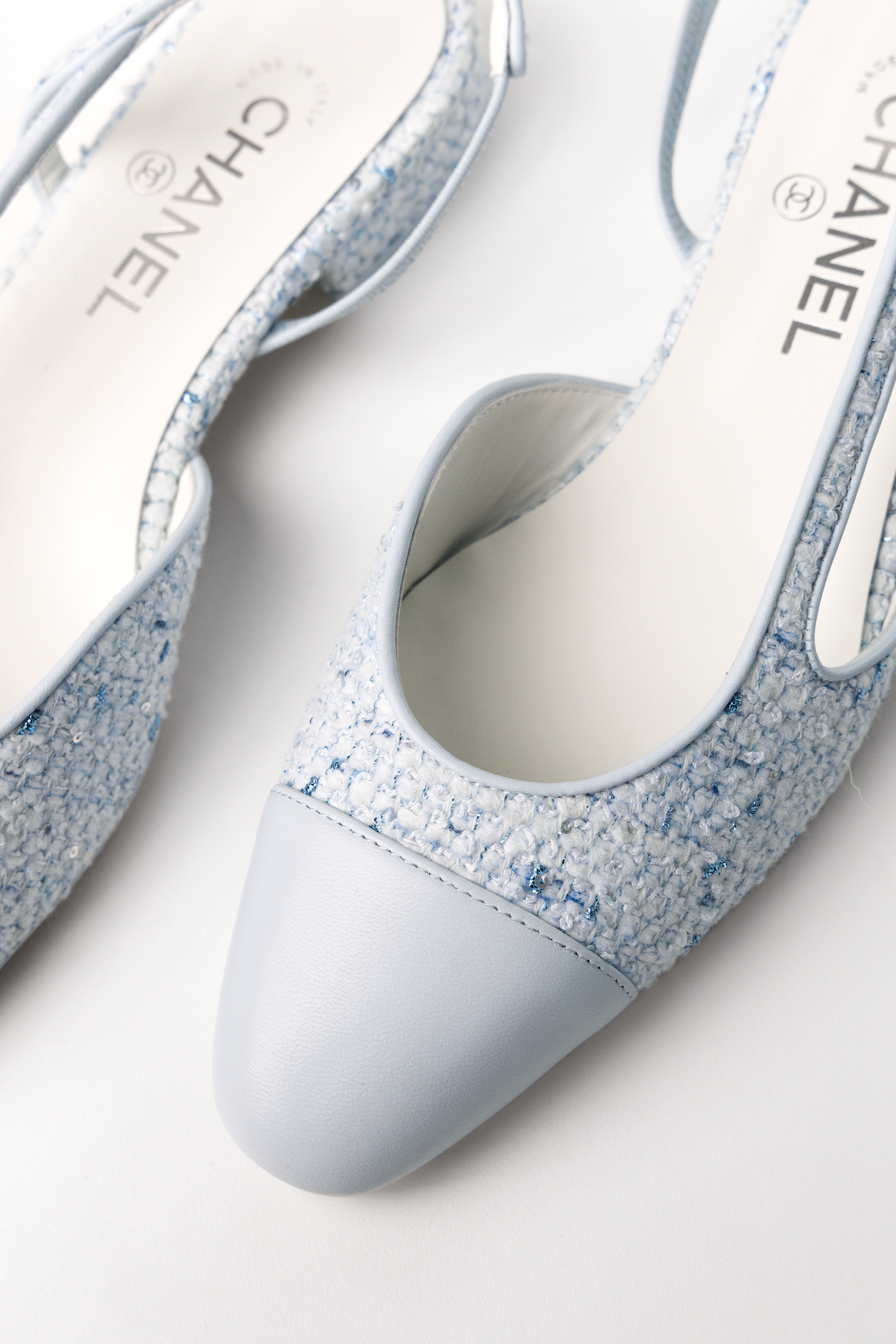 Chanel Light Blue Tweed Flat Slingbacks