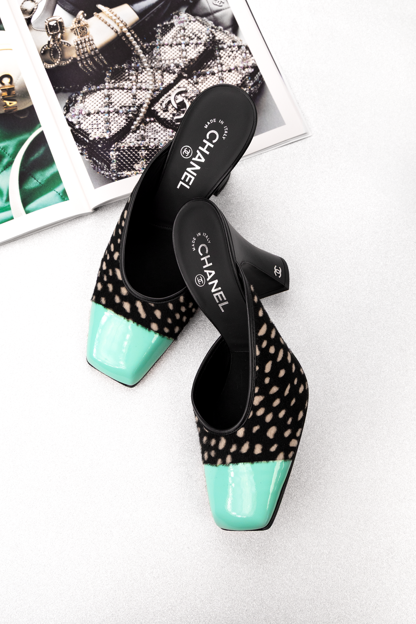 Chanel Lambskin & Patent Calfskin Mules in Black/White/Green