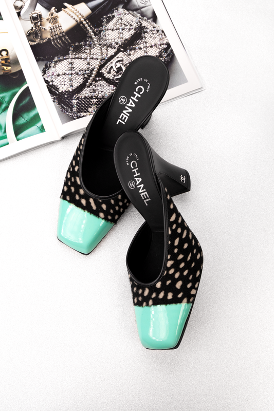 Chanel Lambskin & Patent Calfskin Mules in Black/White/Green
