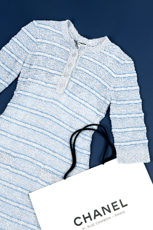 Chanel Light Blue Striped Tweed Dress