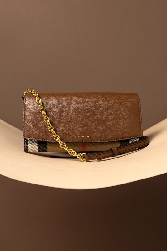 Burberry Henley Check & Brown Leather Wallet-On-Chain