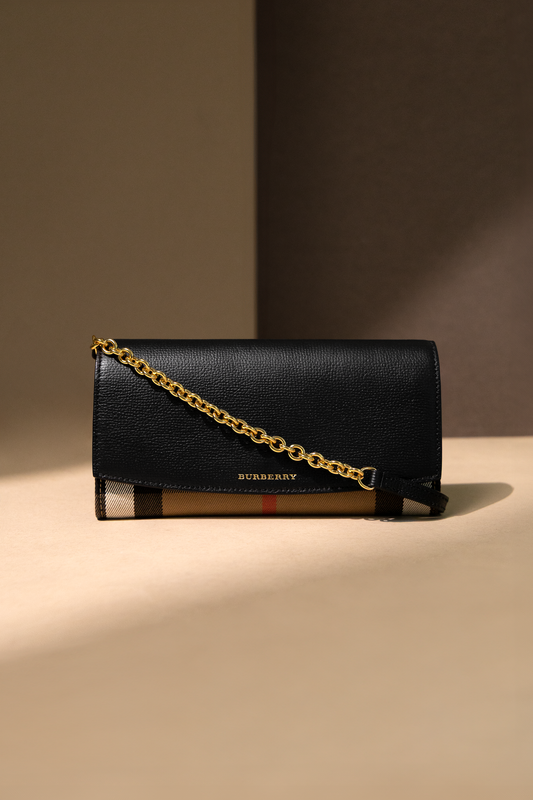 Burberry Henley Check & Black Leather Wallet-On-Chain
