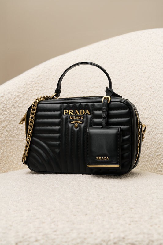 Prada Black Leather Quilted Top Handle Bag