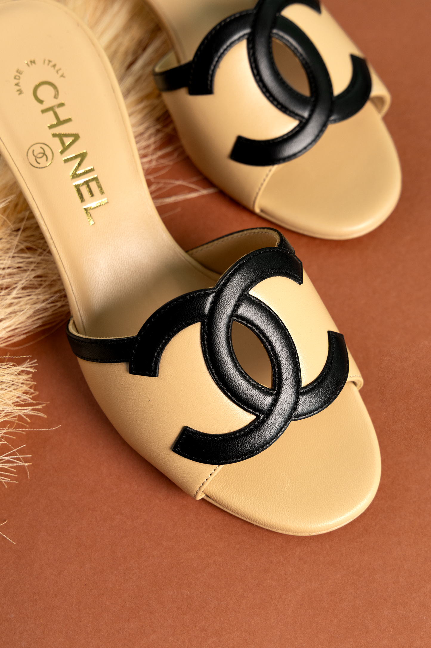 Chanel CC Mules in Beige/Black