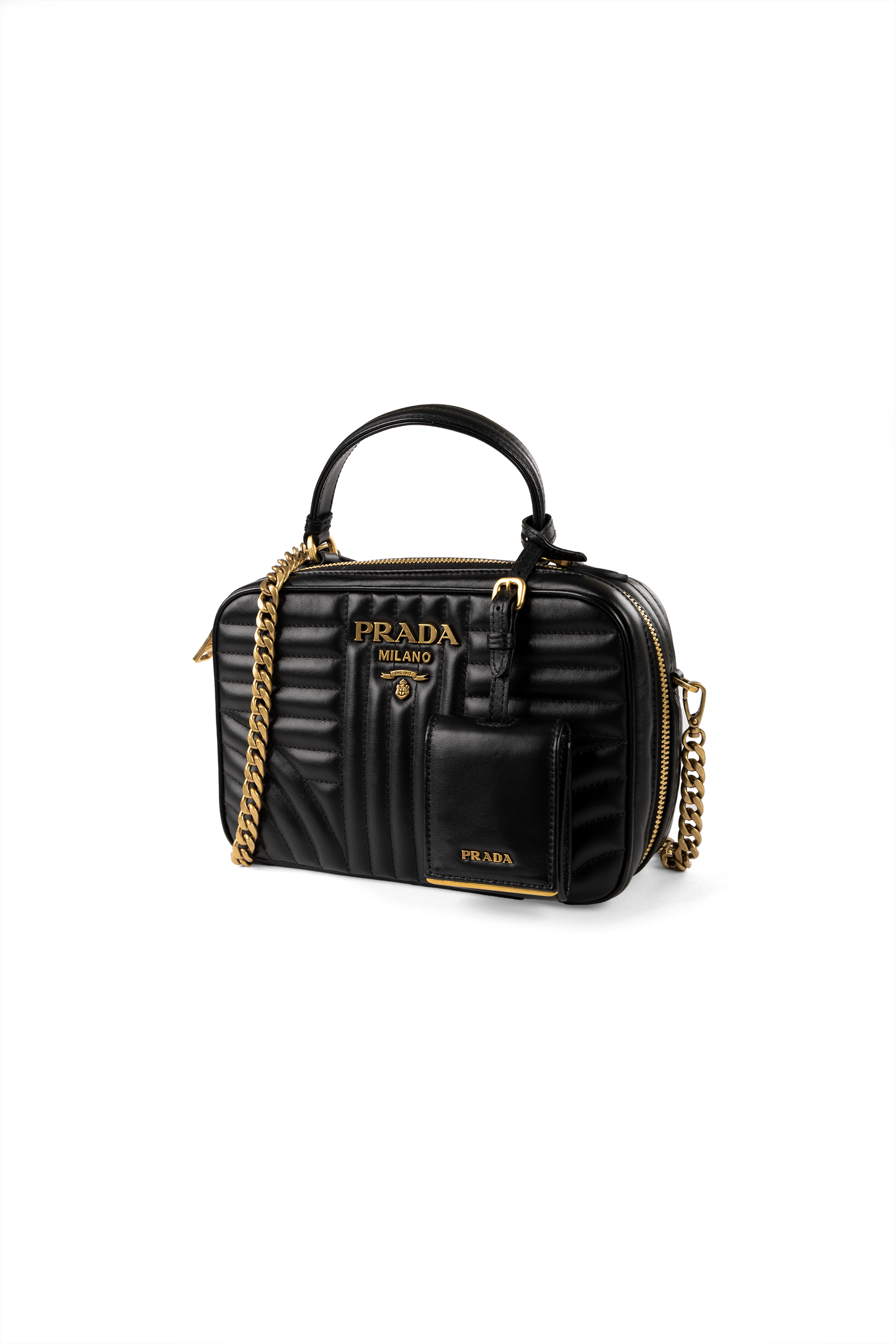 Prada Black Leather Quilted Top Handle Bag