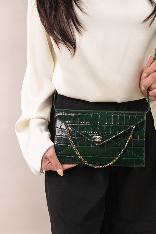 Chanel Crocodile-Embossed Calfskin Clutch with Chain in Dark Green