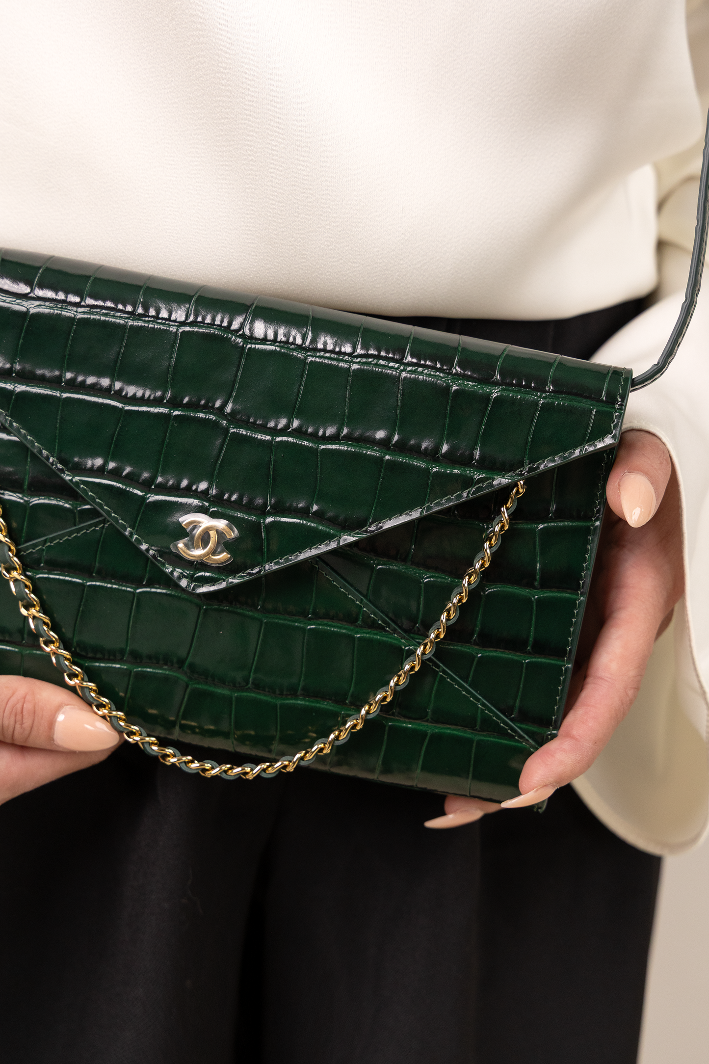 Chanel Crocodile-Embossed Calfskin Clutch with Chain in Dark Green