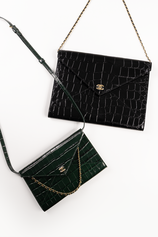 Chanel Crocodile-Embossed Clutch in Dark Green & Medium Crocodile-Embossed Clutch in Black