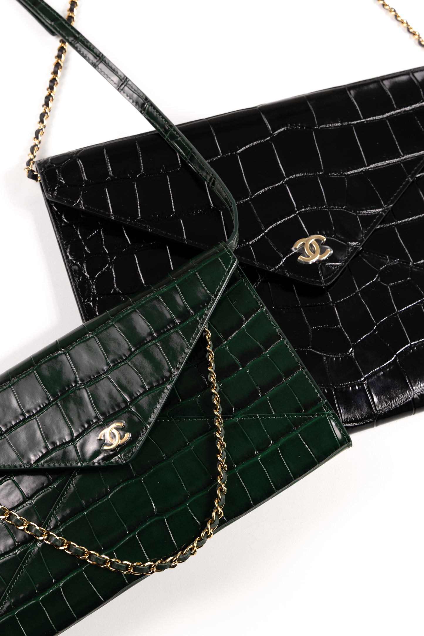 Chanel Crocodile-Embossed Clutch in Dark Green & Medium Crocodile-Embossed Clutch in Black