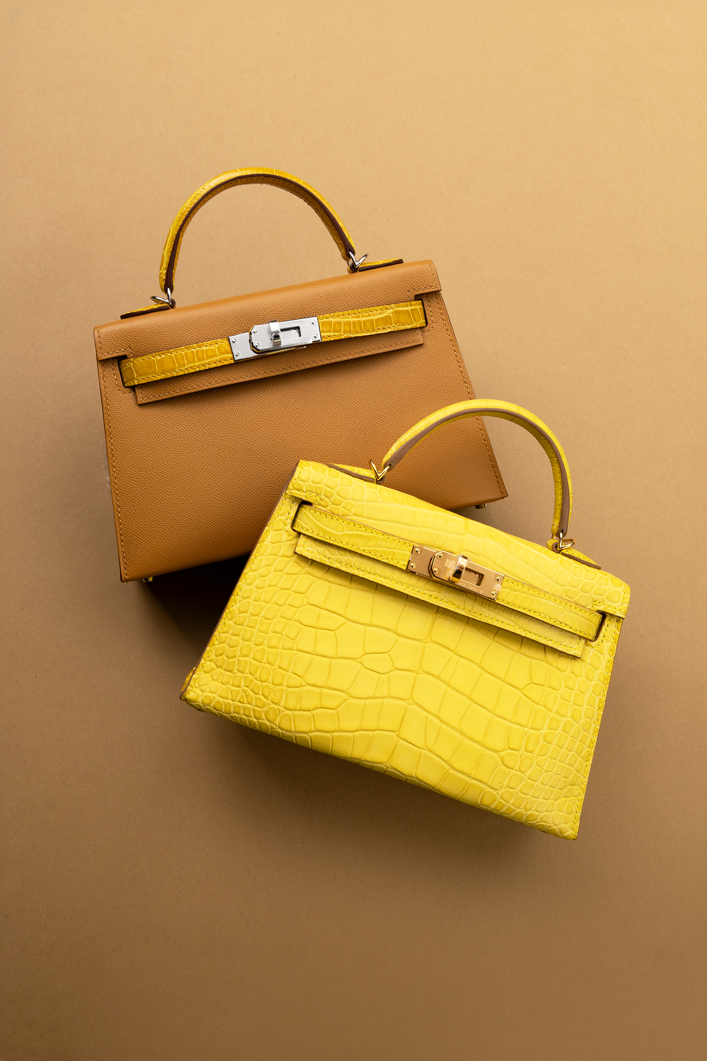 Hermès Mini Kelly 20 Touch Epsom in Sesame/Jaune Ambre PHW & Mini Kelly 20  Matte Alligator in Mimosa GHW