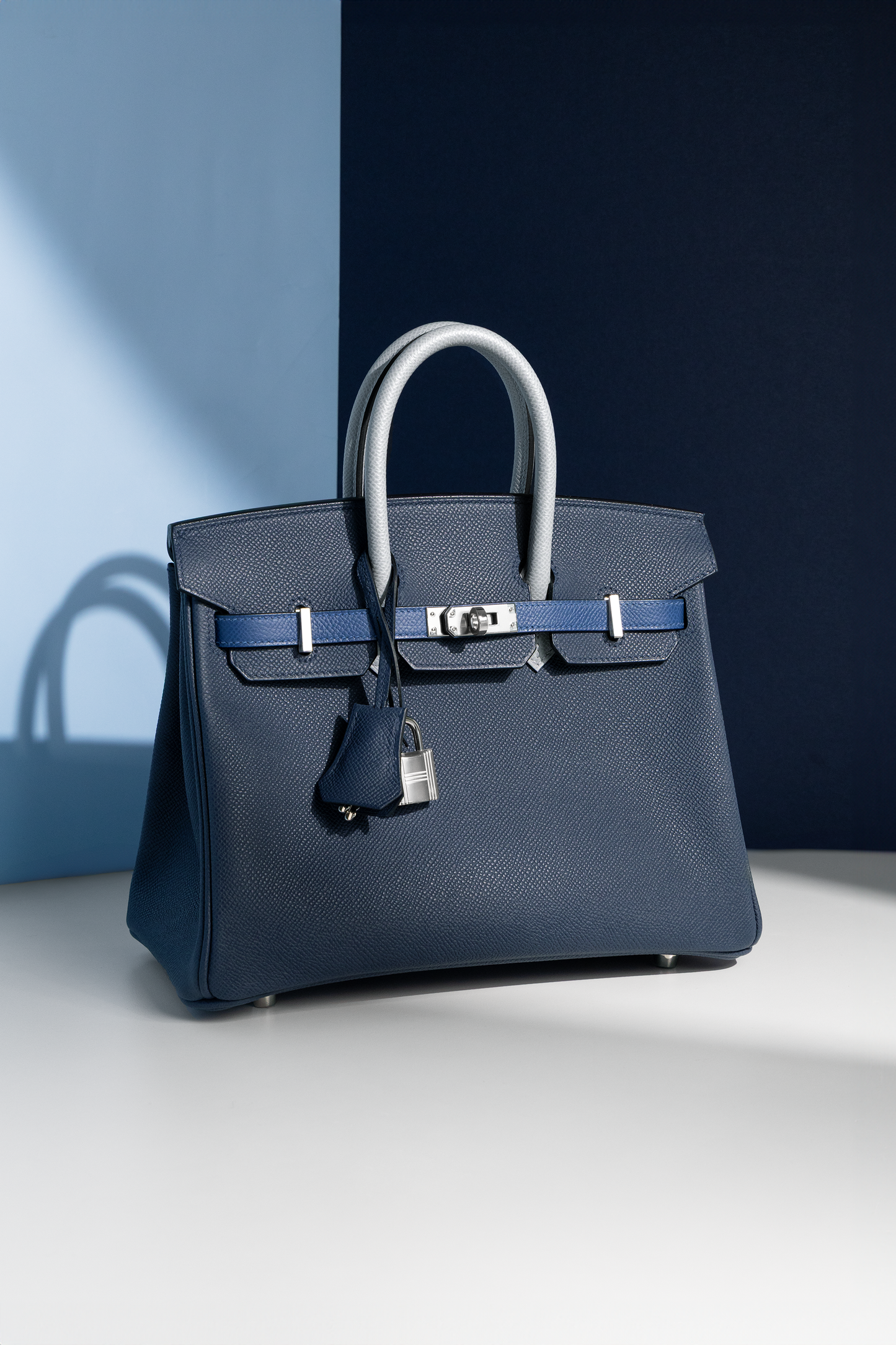 Hermès Birkin 25 Epsom Tricolor in Blue Tie/Blue Abysse/Gris Pantin PHW