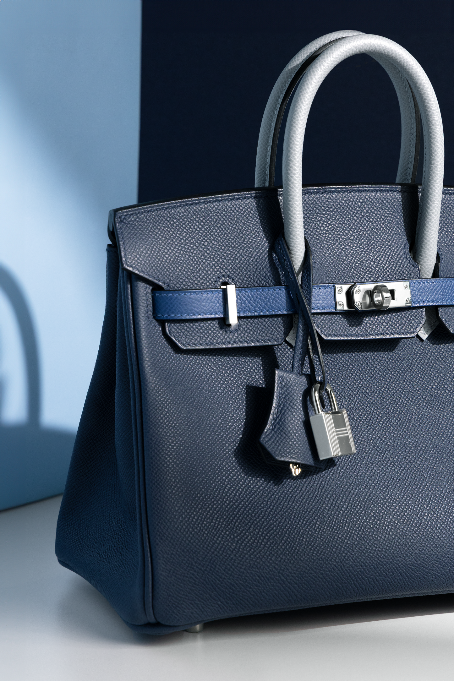 Hermès Birkin 25 Epsom Tricolor in Blue Tie/Blue Abysse/Gris Pantin PHW