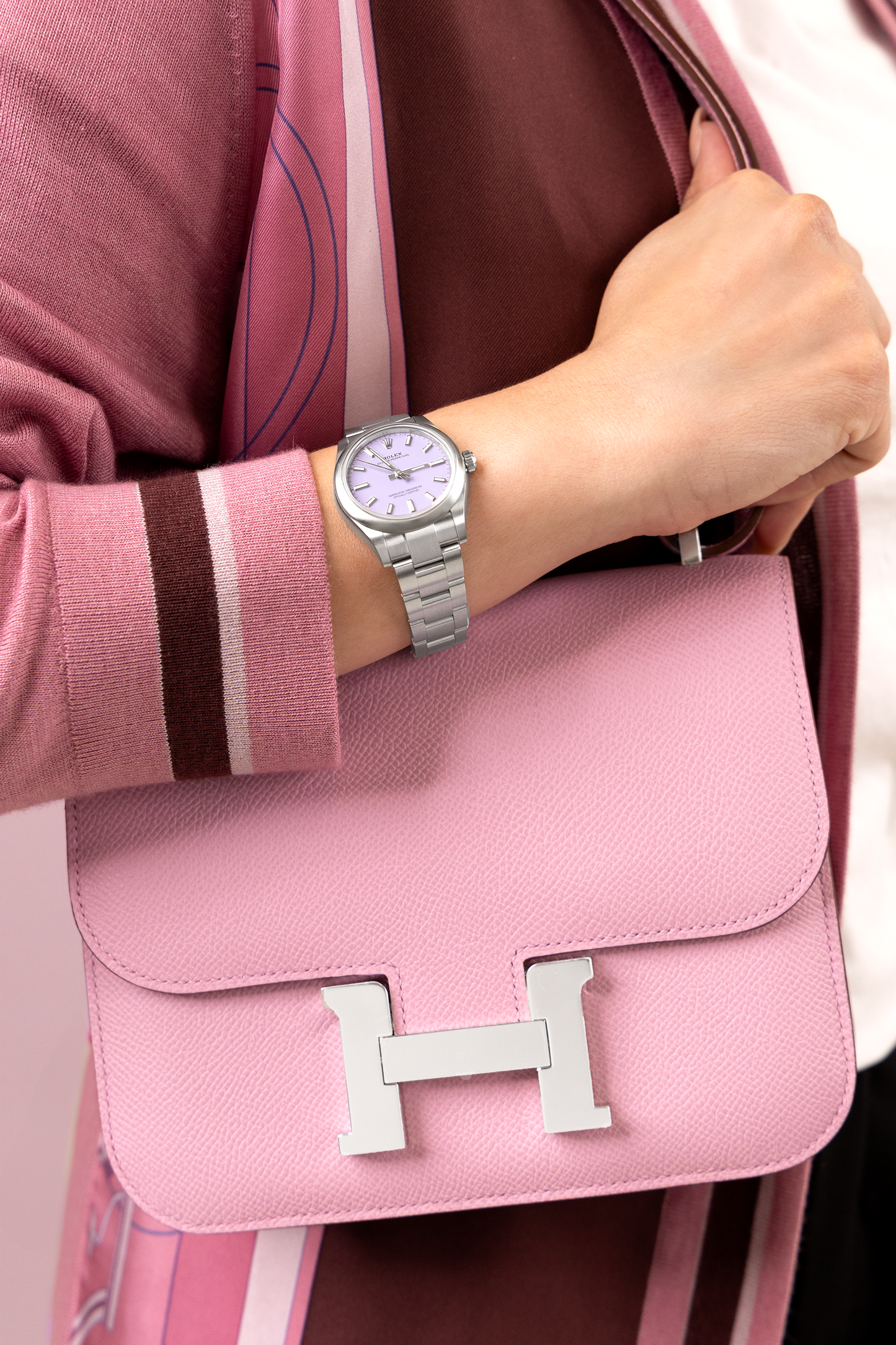Hermès Constance 18 Epsom Mauve Sylvestre PHW with Rolex Oyster Perpetual Watch in Oystersteel & Lavendar Dial