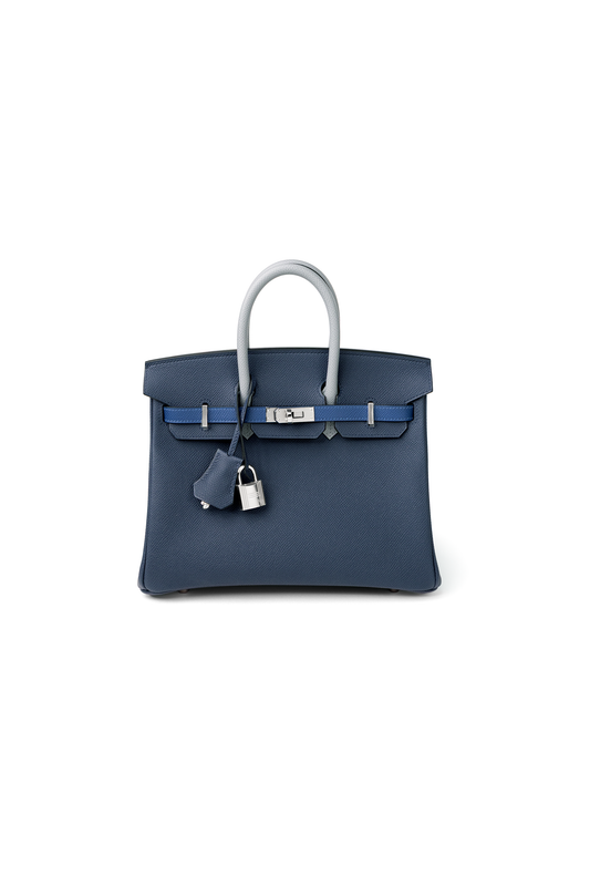 Hermès Birkin 25 Epsom Tricolor in Blue Tie/Blue Abysse/Gris Pantin PHW