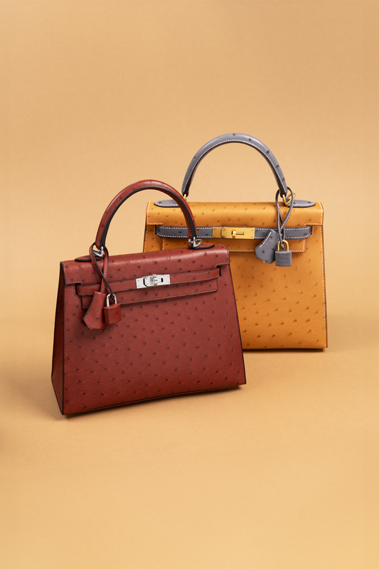 Hermès Kelly 25 Ostrich Rouge H PHW & Kelly 28 Ostrich Saffron/Gris Agate GHW