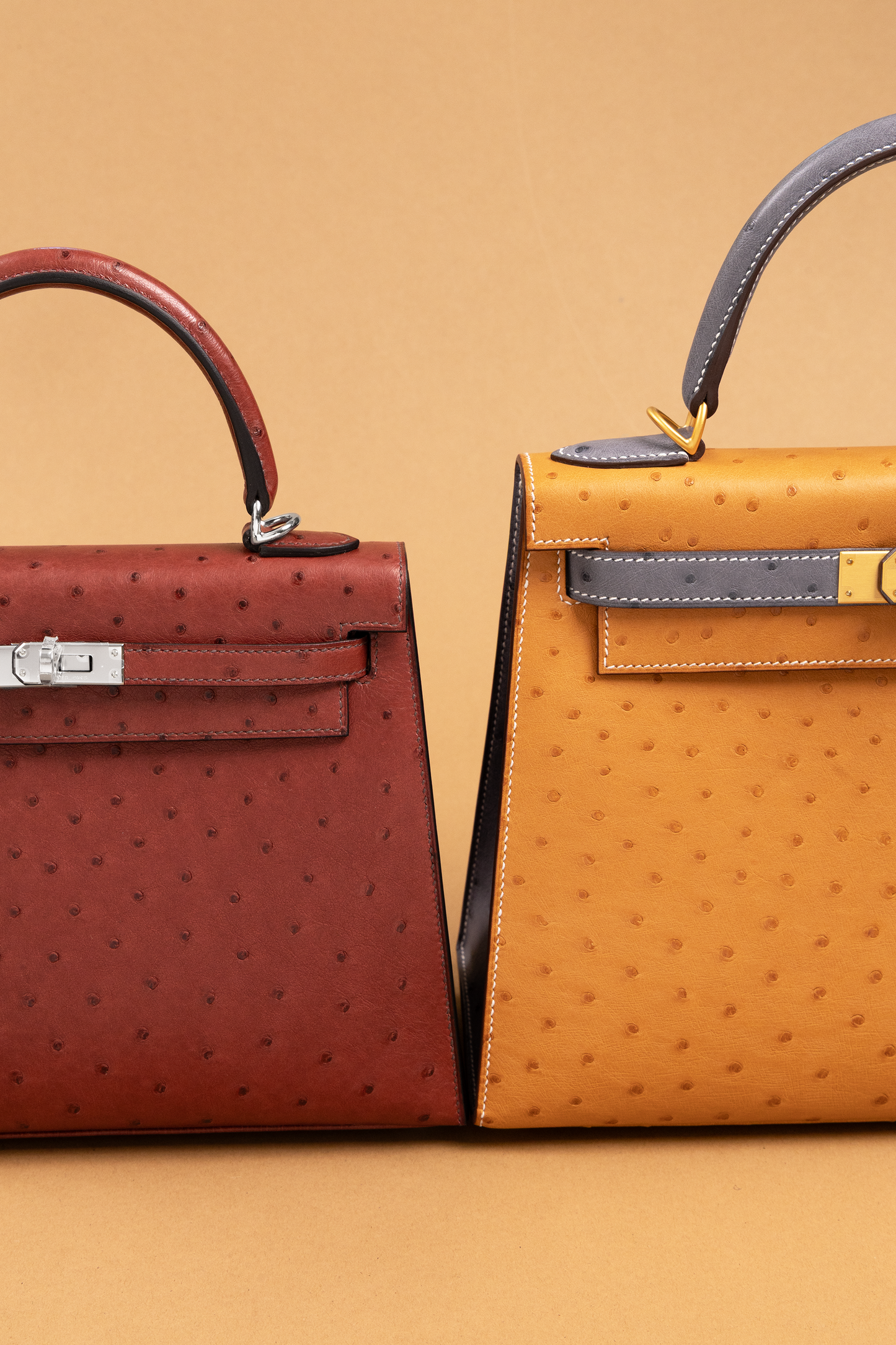 Hermès Kelly 25 Ostrich Rouge H PHW & Kelly 28 Ostrich Saffron/Gris Agate GHW