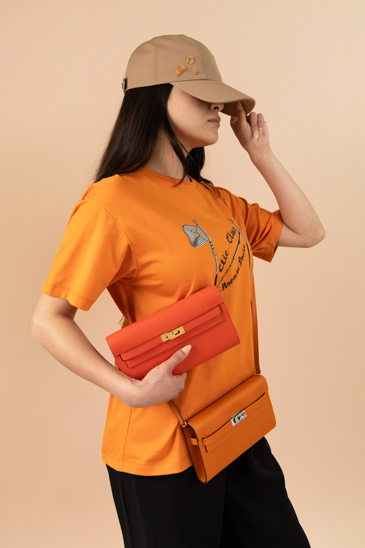 Hermès Kelly Wallet To Go Epsom in Capucine GHW & Orange PHW with Serena Jump Cap